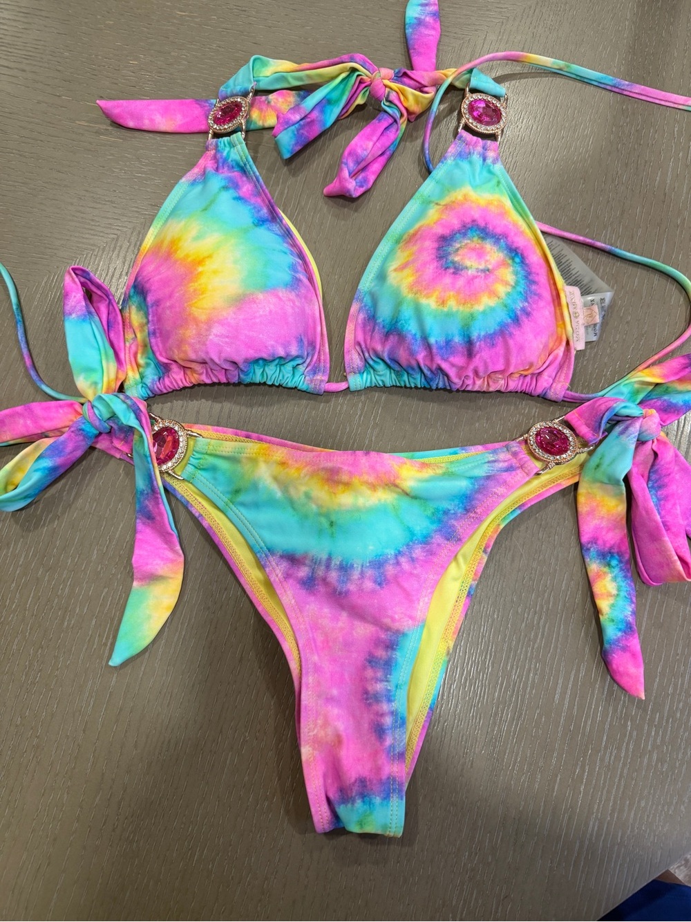 Moda Minx Tie-Dye Crystal Bikini Set | XL Top & M Bottom | Pink Gem Swimwear